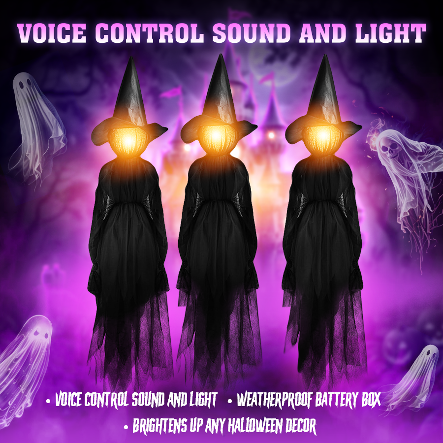 🎃 Spooky Trio: 3 Glowing Pumpkin Witches for Halloween Magic ✨